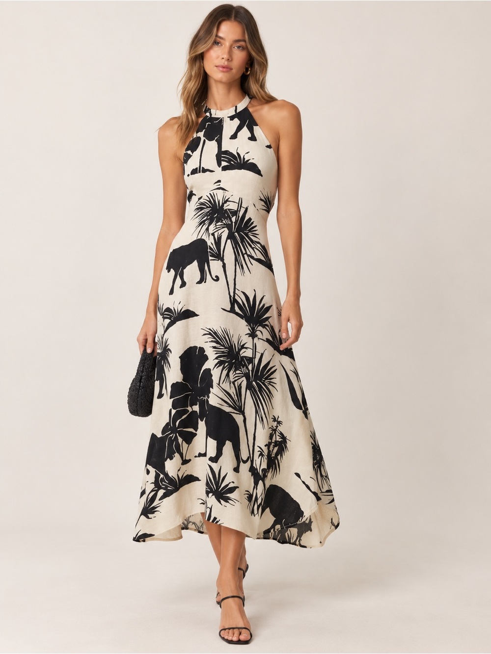 Massimo Dutti Black and Cream Halter Midi Dress with Tropical Print